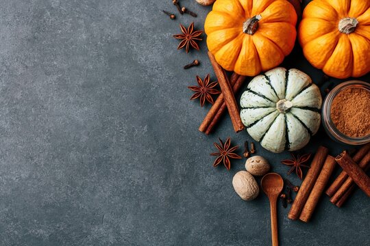 Autumn harvest background with pumpkin cinnamon spice and fall seasonal holiday