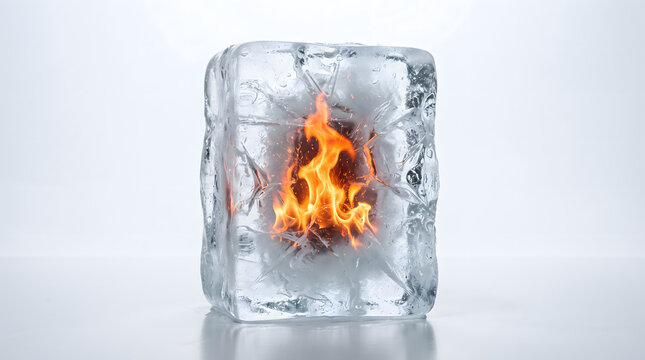 AI-generated photorealistic ice block containing glowing orange flames, white background, dramatic fire-and-ice elemental concept, 4K