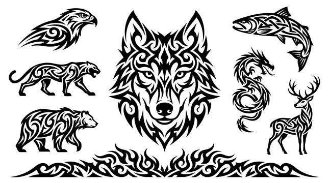 Set of black tribal animal tattoo designs featuring a wolf head, bear, panther, eagle, dragon, deer, and fish on a white background
