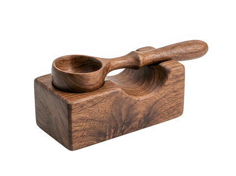 A handcrafted wooden measuring spoon resting on a matching wooden block isolated on transparent background