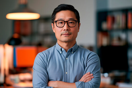   Confident Chinese businessman at modern office desk with copy space