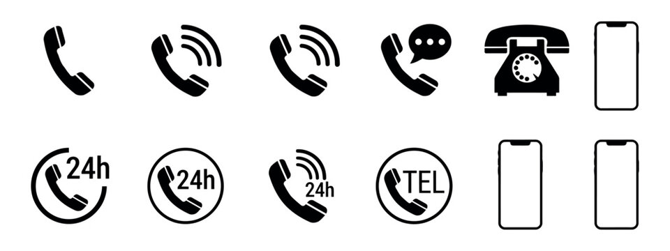 Telephone handset silhouettes and mobile phones flat vector icons