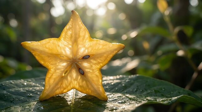Sliced starfruit on green leaf in sunlight.