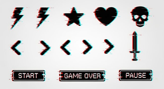 Retro Gaming Glitch Icon Set with Start Game Over and Pause Buttons for Cyberpunk UI Design