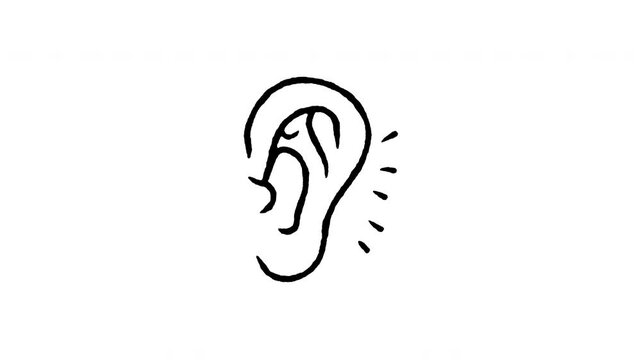 4K hand drawn human ear hearing icon featuring boiling line movement. Frame by frame doodle art on black and green screen backgrounds for ear organ, audiology sense, and sound listening edits.