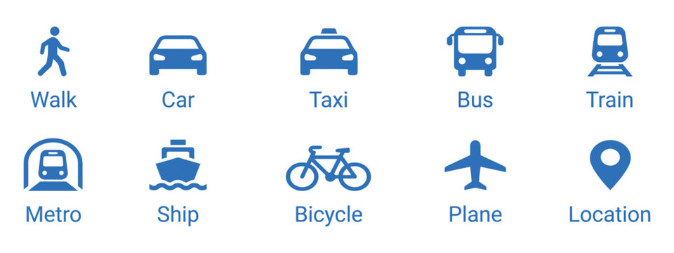 Transportation Icons Set Flat Blue Pictograms On Light Surface