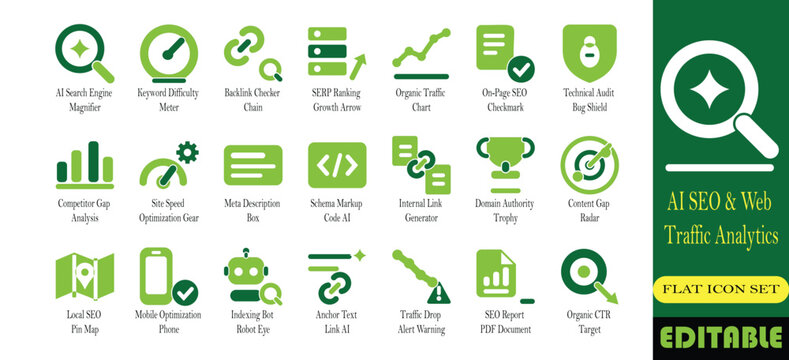 AI SEO and web traffic analytics icon set. Keyword difficulty, backlink, SERP ranking and site audit solid glyph vector symbols