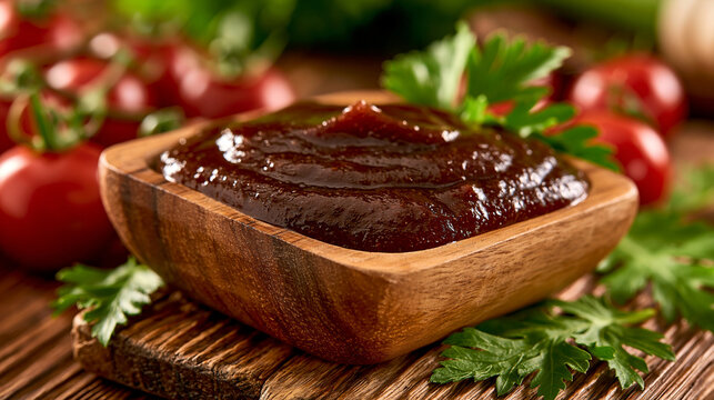 Rich tomato ketchup sauce in a rustic wooden bowl with fresh herbs and ripe tomatoes