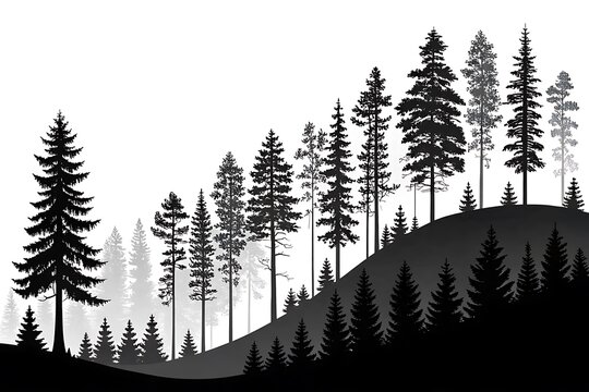 Black and white forest with tall pine trees on a hillside