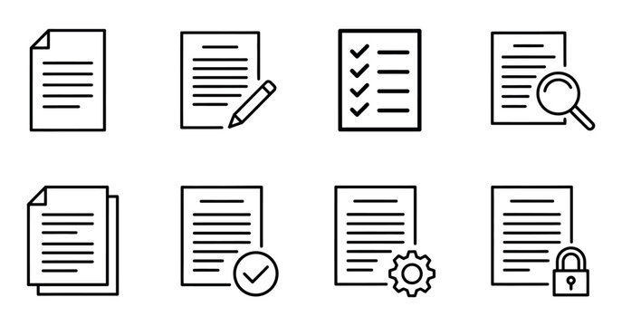 Document Icons With Pen Check Mark Magnifier Gear And Lock Symbols