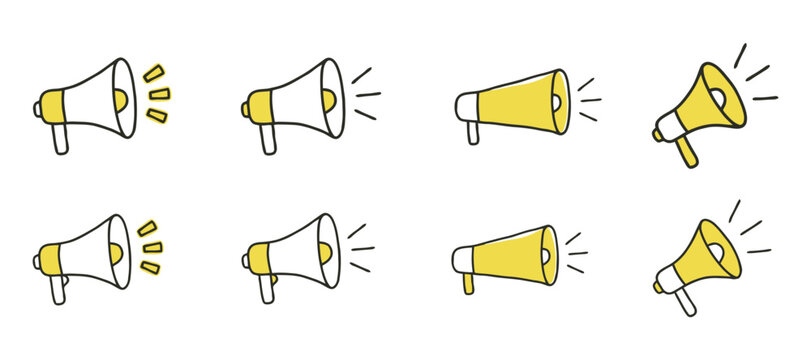 Handheld megaphones with sound waves outlined vector illustrations megaphone