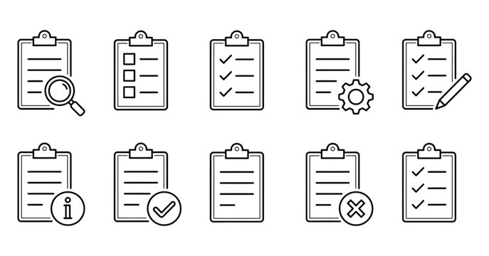 Clipboard Icons With Lists Magnifying Glass And Checkmarks Line Art