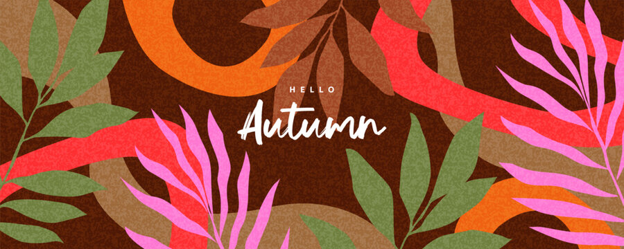 Autumn horizontal poster, cover, card or banner with abstract botanical shapes, leaves and plants print, typography design.  Modern Fall template for greetings, branding, packaging, print, ads.
