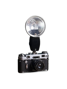 Vintage film camera with external flash isolated PNG on transparent background, retro analog photography equipment for classic media and creative design
