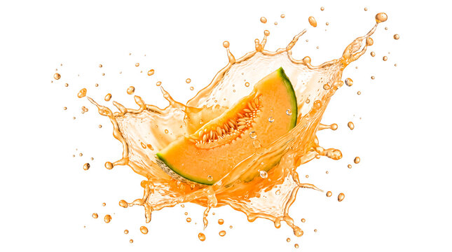 A slice of cantaloupe melon splashing into juice., watery splashes around it