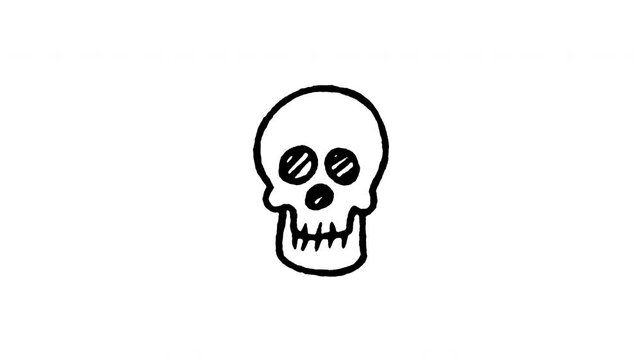 Animated Human skull anatomy doodle icon. Features 4K frame by frame boiling line animation on black and green screen backgrounds for head skeleton, bone structure, head injury, and medical.