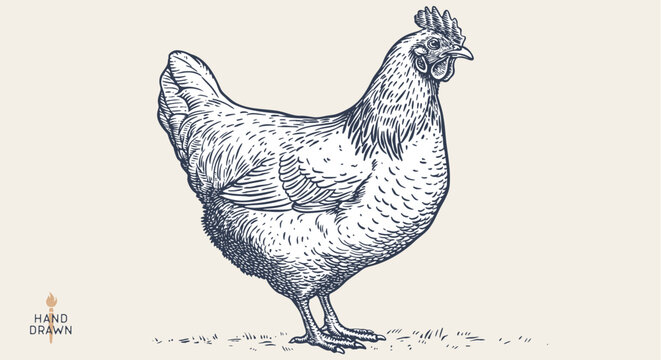 Chicken, hen, sketch. Vintage retro print, chicken, hen sketch ink pencil style drawing, engrave old school. Sketch artwork silhouette chicken, hen isolated on white background. Vector Illustration