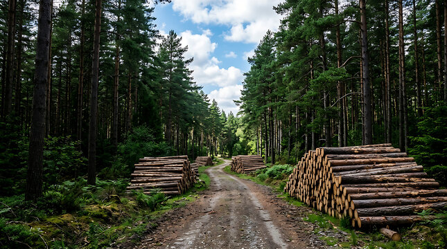 Dirt road through dense forest with stacked logs.