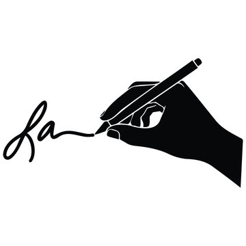 Person hand holding pen for signature vector silhouette illustration for legal formalities.