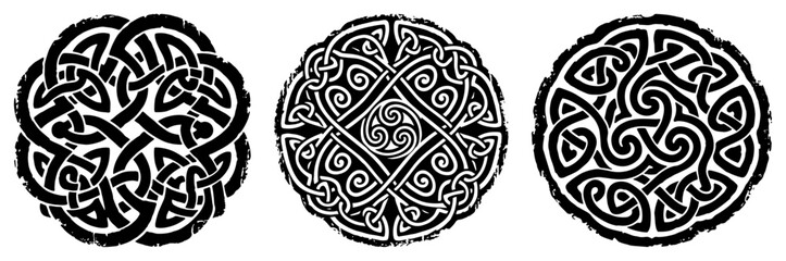 Circular celtic knotwork ornaments and mystic mandala symbols in black ink style © OnlyVector