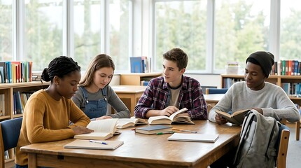 Obraz premium Diverse group of teenagers studying together in a library classroom with books and shelves in the background