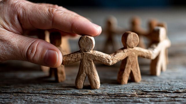 Hand touching wooden person figure in group of people standing in circle with teamwork