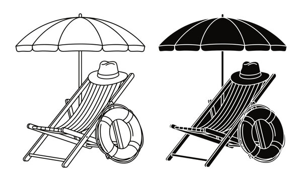 Beach chair with umbrella and lifebuoy line and silhouette