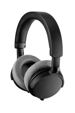 Modern black over-ear headphones with grey earcups isolated. Transparent PNG image.