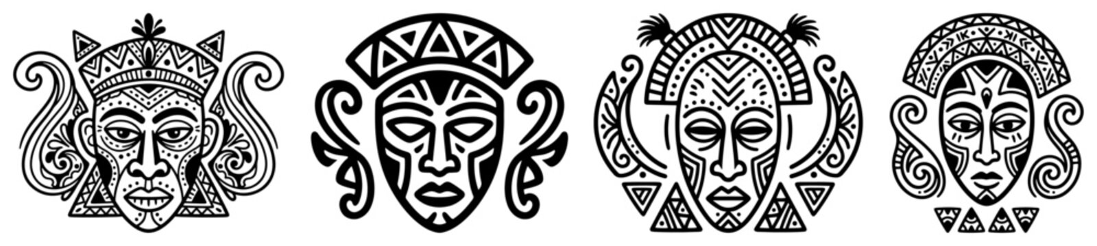 Ethnic tribal masks portraits with geometric facial patterns in black line style