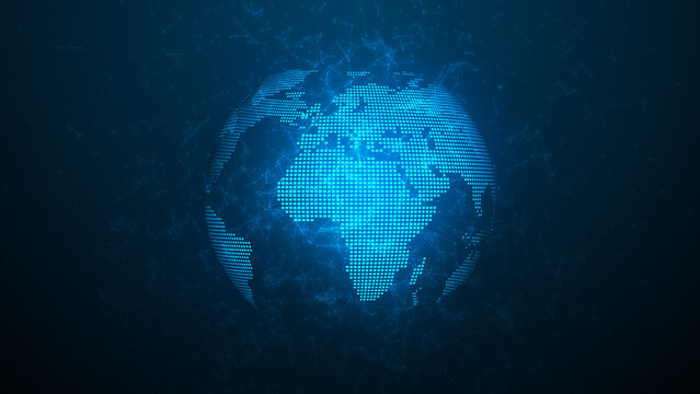Digital glowing blue 3D planet Earth sphere map with polygon mesh lines and data dots on dark background. Global network communication, futuristic technology, world business, big data concept