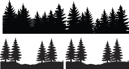 Obraz premium Pine Forest Silhouette Border Collection with Evergreen Trees Landscape Vector Set Isolated on White