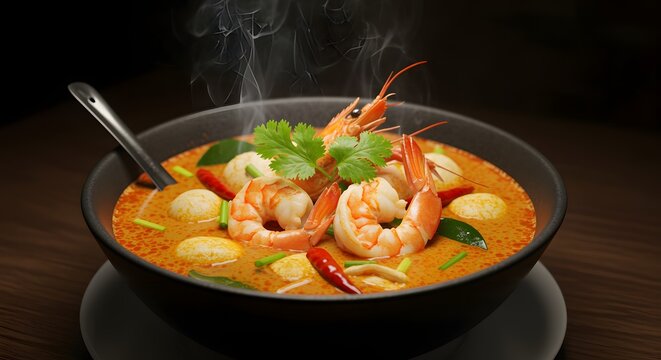 Steaming authentic thai tom yum goong spicy hot and sour soup with shrimp and mushrooms, asian food