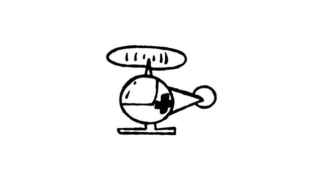 Hand drawn 4K medical emergency helicopter doodle animation with boiling line movement. Frame by frame line art on black and green screen backgrounds for air ambulance, medevac rescue flight.