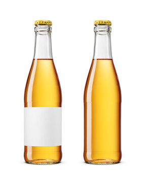 Two clear glass bottles containing a yellow alcoholic beverage with a blank label isolated. Transparent PNG image.