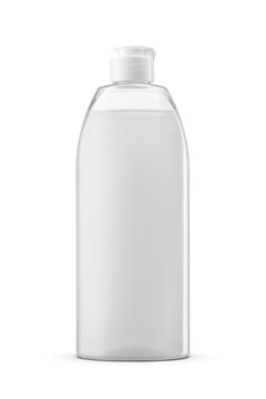Dish soap in a clear plastic bottle, isolated, used for cleaning household dishes. Transparent PNG image.
