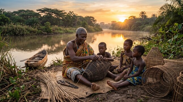 African elder weaving traditional fish traps with young children by a tranquil riverbank at golden sunset