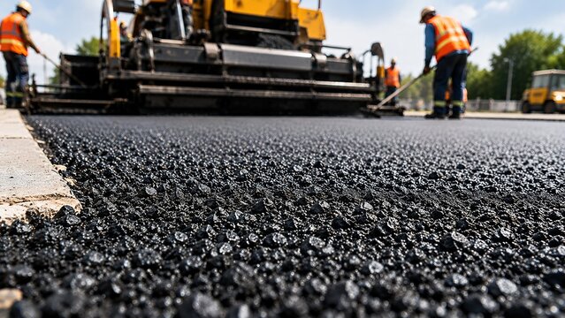 Close-up of newly paved asphalt road surface with modern paving machinery and road construction workers in the background under natural daylight.