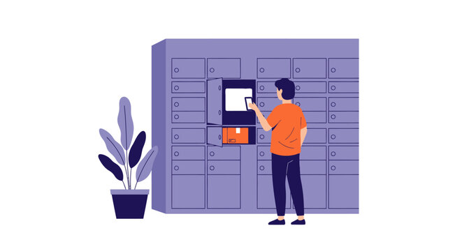 Man Using Smartphone for Package Pickup from Automated Parcel Locker Flat Vector Illustration