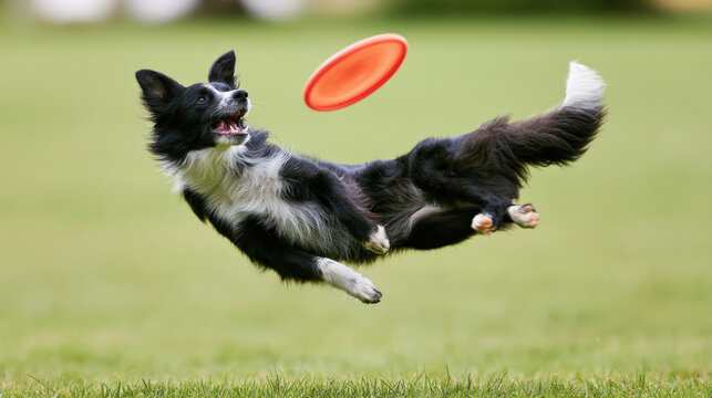 Border collie dog frisbee jumping catching action black and white herding dog leaping midair to catch flying disc green grass
