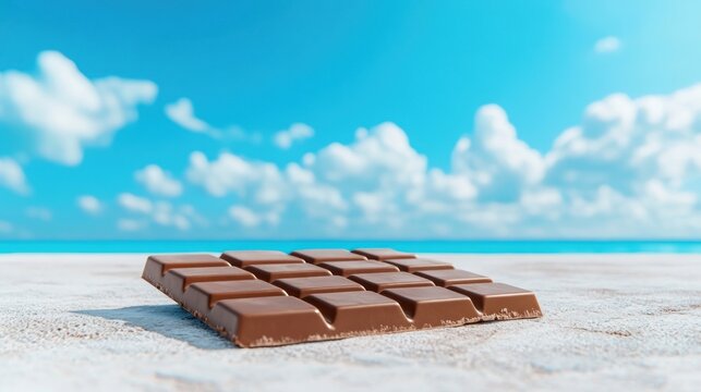 Delicious Chocolate Bar on Sandy Beach with Blue Sky and Clouds.