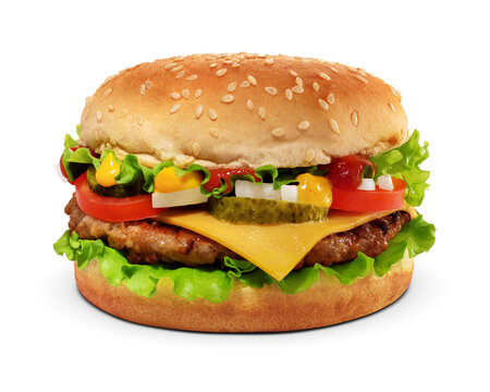 Cheeseburger with beef patty, melted cheese, fresh vegetables, and condiments on a sesame bun isolated. Transparent PNG image.