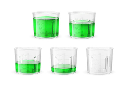 Measuring cups holding green liquid at various levels for dosage and volume isolated. 3D rendering illustration. Transparent PNG image.