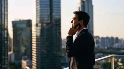 Fototapeta premium Asian businessman phone call office building city skyline business smartphone Confident asian businessman talking smartphone