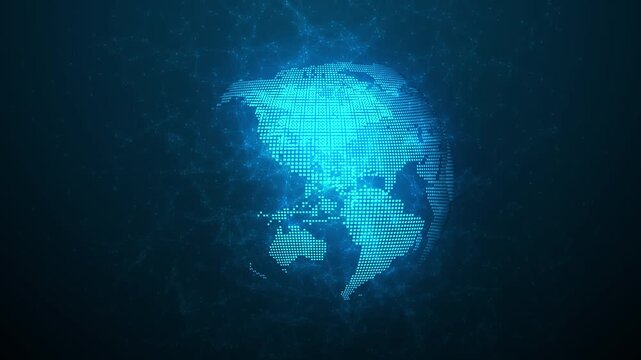 Glowing blue digital earth globe rotating seamlessly with technology network plexus background. Ideal for global business, data transfer, telecommunication and cyber security concept