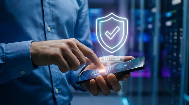 Man using smartphone with digital security shield icon