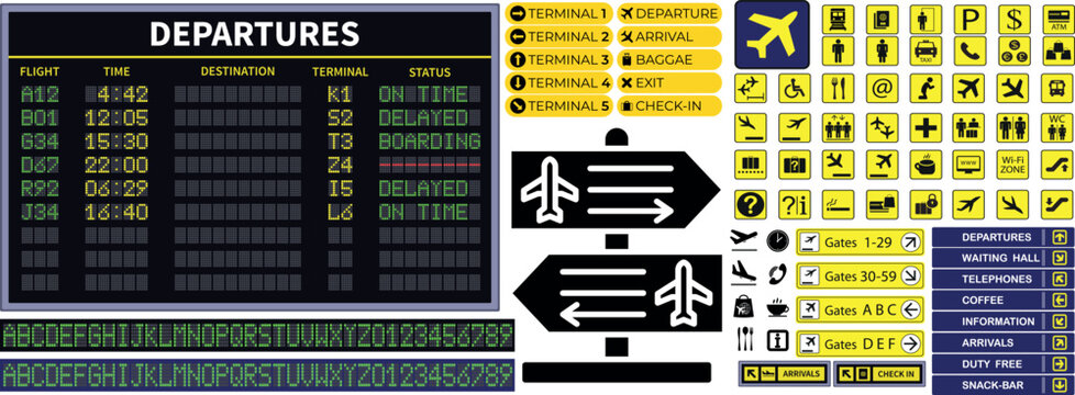 Airport Terminal Signage Elements Set with Departure Board Flight Information Icons Navigation Symbols