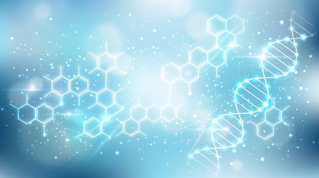 Abstract light blue scientific background with chemical molecular structures and glowing nodes