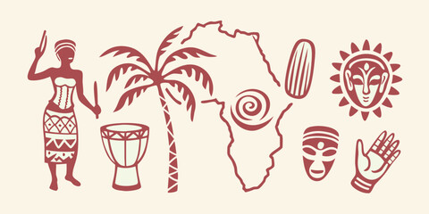 African Themed Illustrations In Red Brown Tones Stylized Cultural Symbols © Nripen