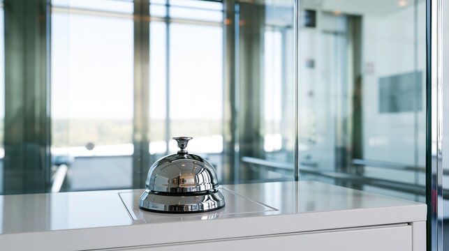 Shiny silver concierge service bell on white surface isolated on transparent background png cutout