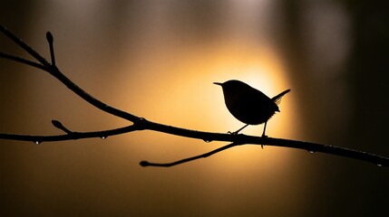 Obraz premium Silhouette wren bird perched on branch at sunset